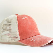 Load image into Gallery viewer, Red Distressed Ponytail & Messy Bun Baseball Cap side view with a white background