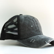 Load image into Gallery viewer, Black Distressed Ponytail & Messy Bun Baseball Cap side view with a white background