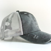 Load image into Gallery viewer, Grey Distressed Ponytail & Messy Bun Baseball Cap side view with a white background