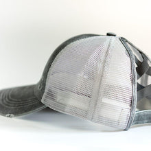 Load image into Gallery viewer, Grey Distressed Ponytail & Messy Bun Baseball Cap side view with a white background
