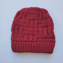 Load image into Gallery viewer, Burgundy Ponytail & Messy Bun Knit Beanie front view on a white background.