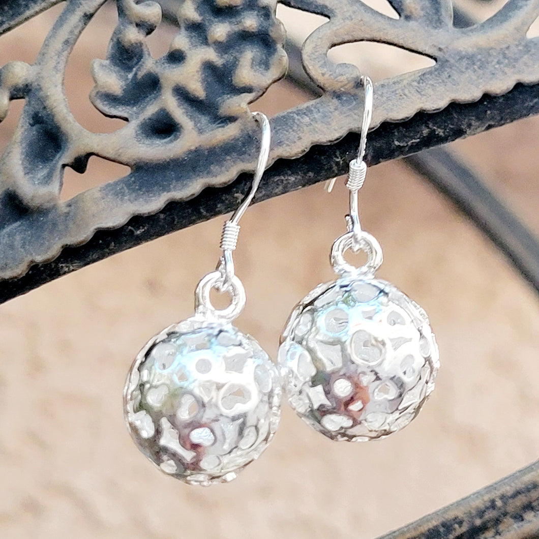 Hollow Ball Heart Sterling Silver Earrings