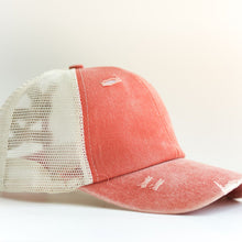 Load image into Gallery viewer, Red Distressed Ponytail &amp; Messy Bun Baseball Cap side view with a white background
