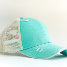 Load image into Gallery viewer, Blue Distressed Ponytail &amp; Messy Bun Baseball Cap side view with a white background
