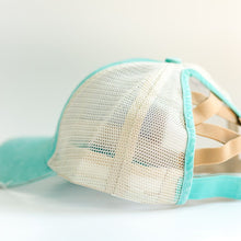 Load image into Gallery viewer, Blue Distressed Ponytail &amp; Messy Bun Baseball Cap side view with a white background
