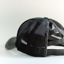 Load image into Gallery viewer, Black Distressed Ponytail &amp; Messy Bun Baseball Cap side view with a white background
