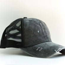 Load image into Gallery viewer, Black Distressed Ponytail &amp; Messy Bun Baseball Cap side view with a white background
