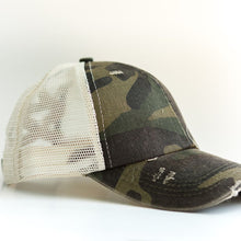 Load image into Gallery viewer, Camo Distressed Ponytail &amp; Messy Bun Baseball Cap side view with a white background
