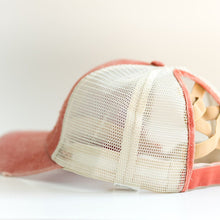 Load image into Gallery viewer, Red Distressed Ponytail &amp; Messy Bun Baseball Cap side view with a white background
