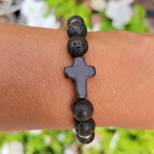 Load image into Gallery viewer, Silver Accent Beaded Cross Bracelet Black on a wrist.
