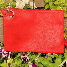 Load image into Gallery viewer, Versatile Oversized Clutch red on leaves and flowers.
