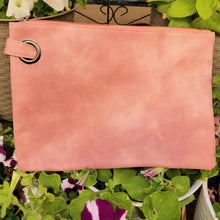 Load image into Gallery viewer, Versatile Oversized Clutch pink on leaves and flowers.
