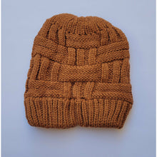 Load image into Gallery viewer, Brown Ponytail &amp; Messy Bun Knit Beanie front view on a white background.
