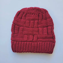 Load image into Gallery viewer, Burgundy Ponytail &amp; Messy Bun Knit Beanie front view on a white background.
