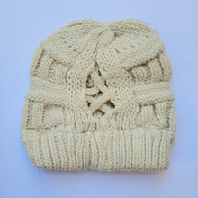 Load image into Gallery viewer, Cream Ponytail &amp; Messy Bun Knit Beanie back view on a white background.
